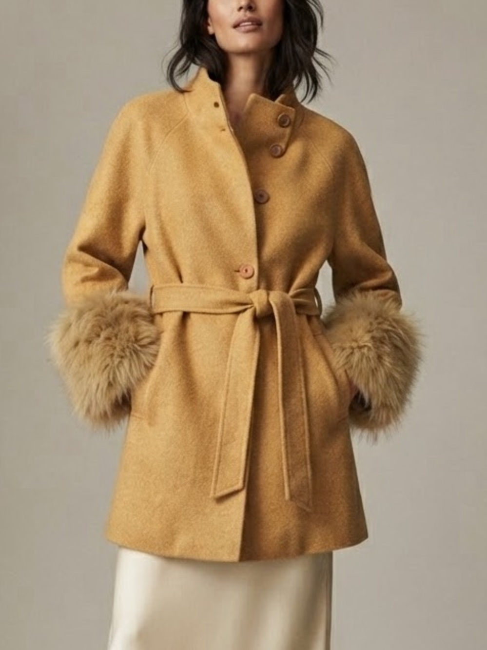 Tan Cashmere Coat with Fox Fur Trim